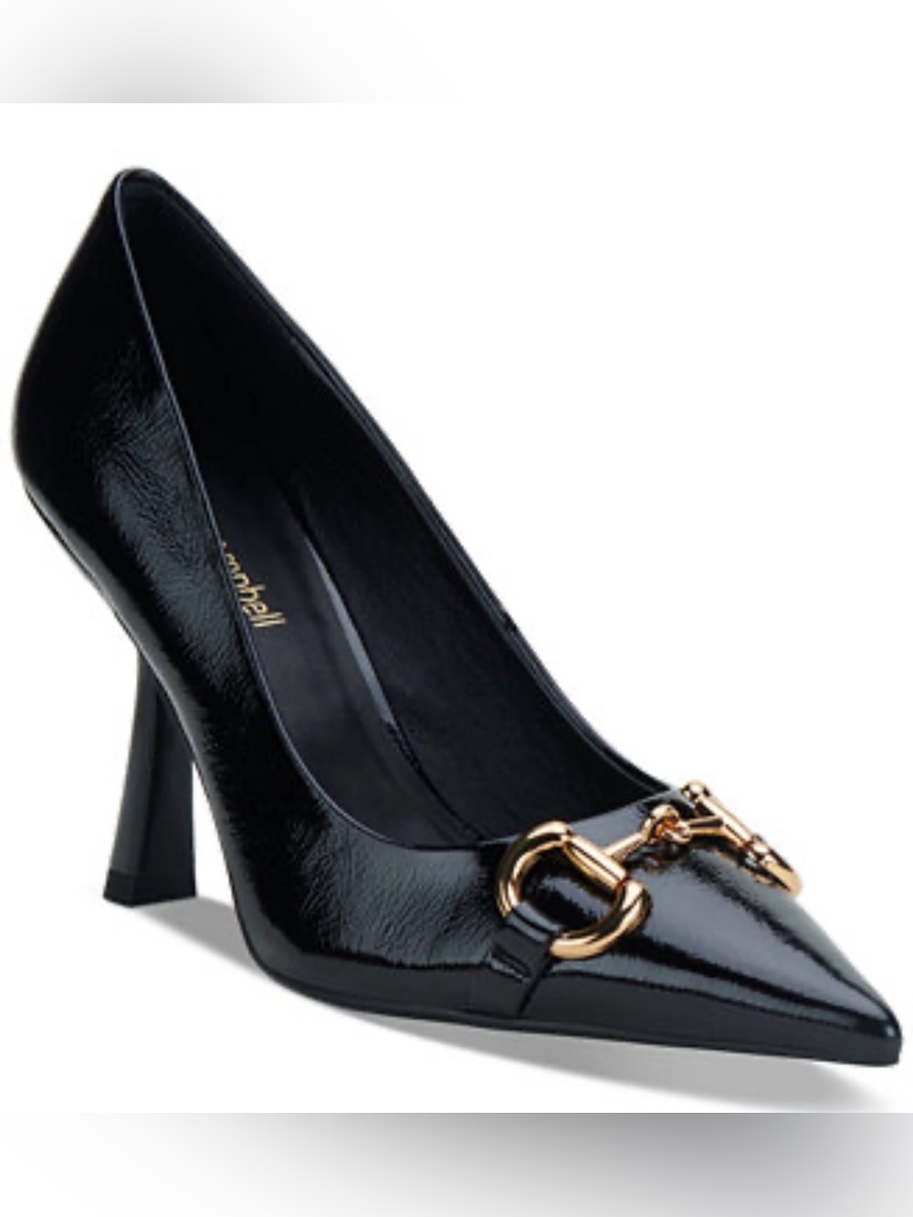 Jeffrey Campbell Black Patent Pointed Toe Pumps with Gold Buckle Accents